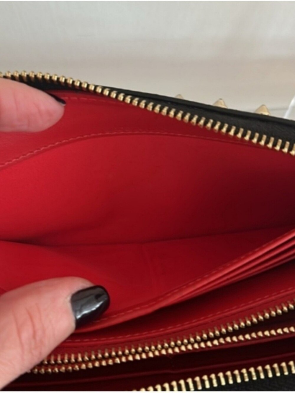 Christian Louboutin Panettone Spiked Zip Around Wallet Black Red Gold - Picture 10 of 13